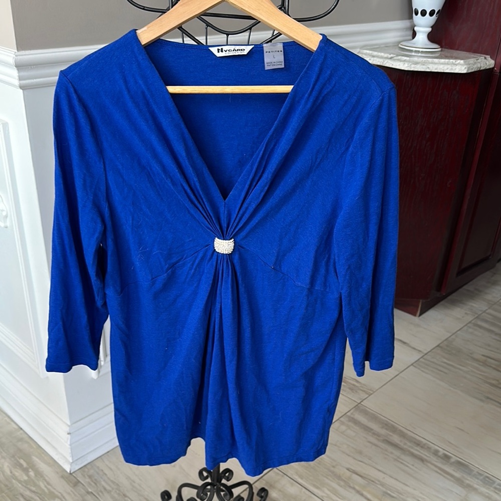 Blue 3/4 Sleeve Tie Front Blouse
